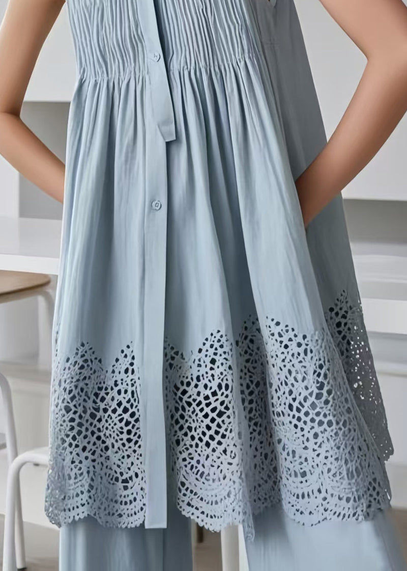Blue Hollow Out Wrinkled Cotton Tea Dress Sleeveless