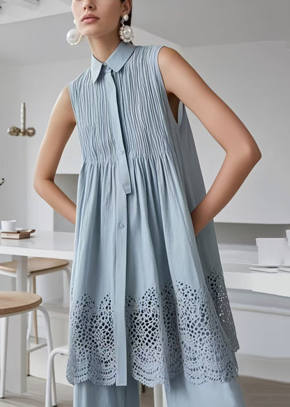 Blue Hollow Out Wrinkled Cotton Tea Dress Sleeveless
