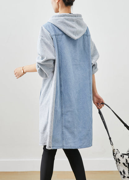 Blue Hooded Denim Patchwork Cotton Trench Fall