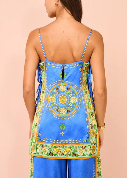 Blue Lace Up Print Silk Spaghetti Strap Tank Sleeveless