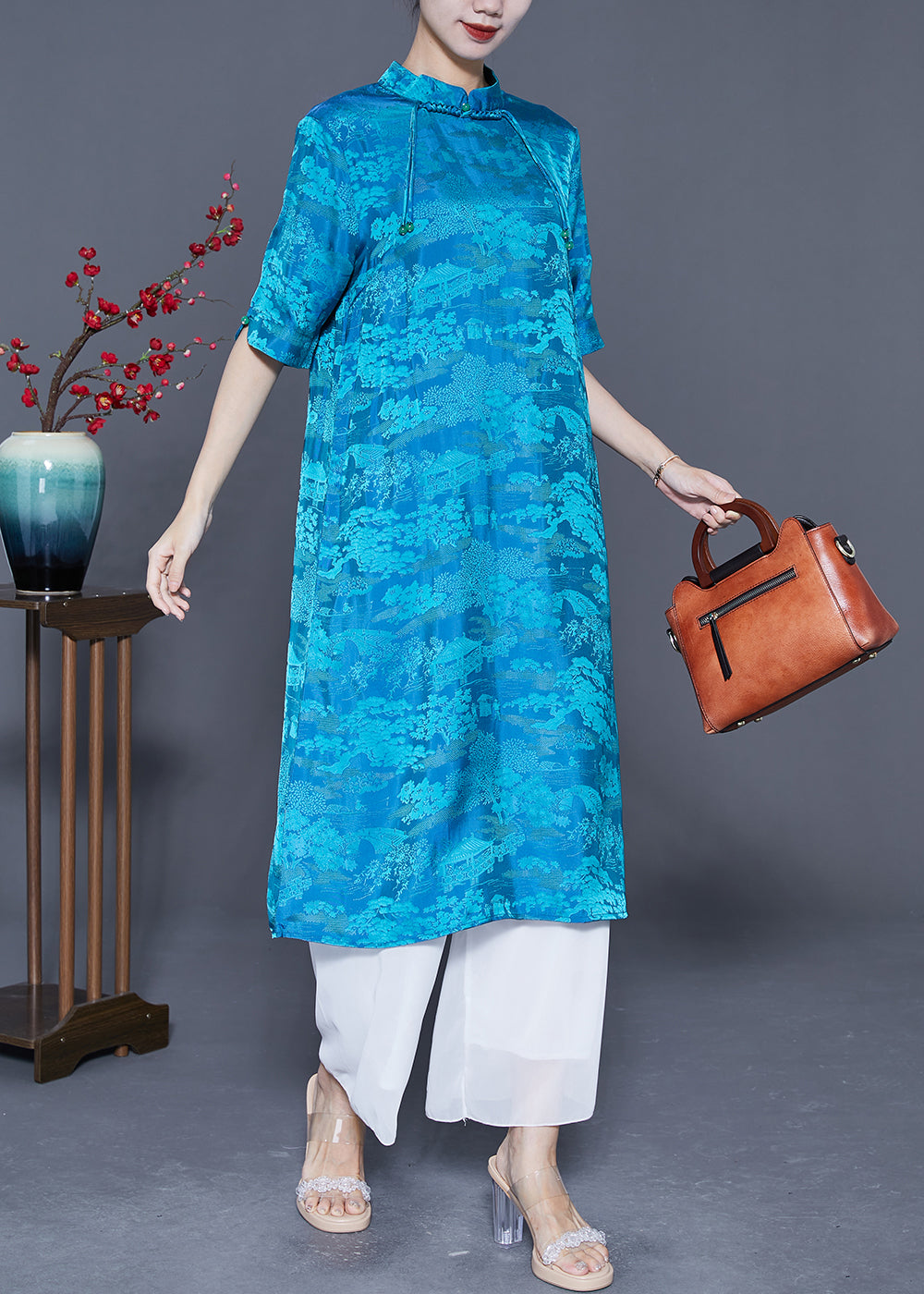Blue Mandarin Collar Print Tassel Silk Robe Dresses Summer