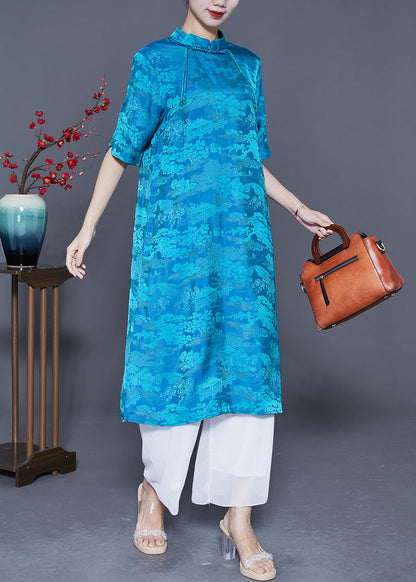 Blue Mandarin Collar Print Tassel Silk Robe Dresses Summer