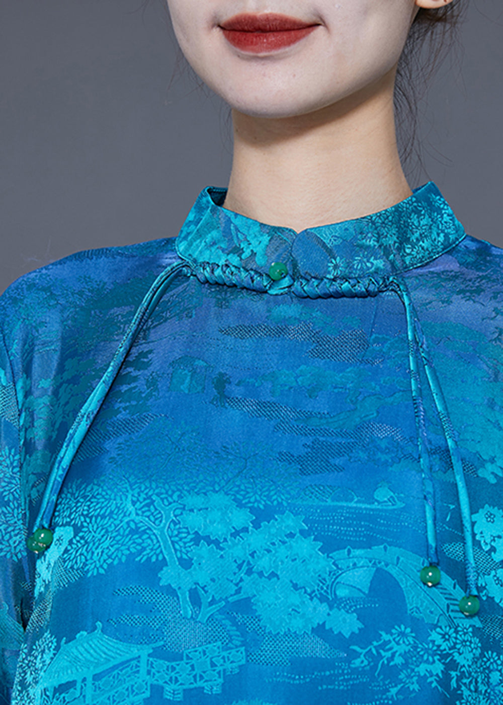 Blue Mandarin Collar Print Tassel Silk Robe Dresses Summer