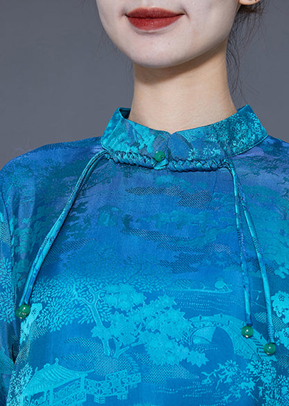 Blue Mandarin Collar Print Tassel Silk Robe Dresses Summer