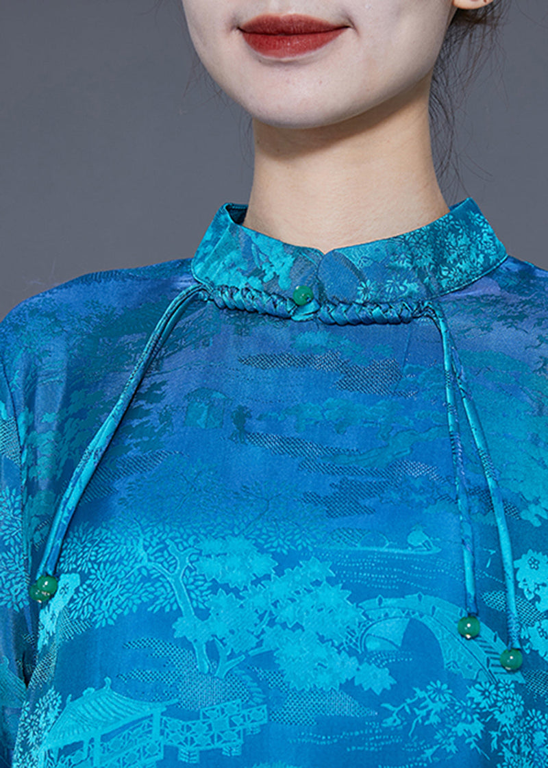 Blue Mandarin Collar Print Tassel Silk Robe Dresses Summer