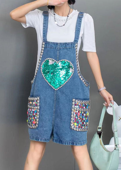 Blue Nail Bead Sequins Patchwork Denim Jumpsuit Shorts Summer