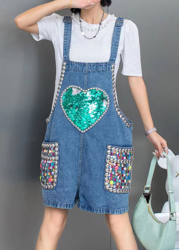 Blue Nail Bead Sequins Patchwork Denim Jumpsuit Shorts Summer