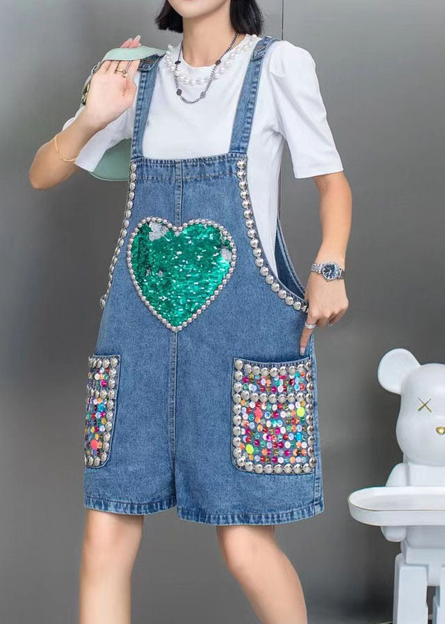 Blue Nail Bead Sequins Patchwork Denim Jumpsuit Shorts Summer