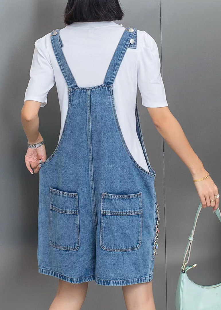 Blue Nail Bead Sequins Patchwork Denim Jumpsuit Shorts Summer