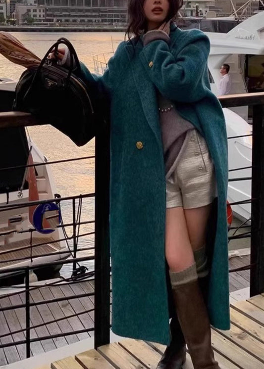 Blue Notched Button Woolen Maxi Coats Winter