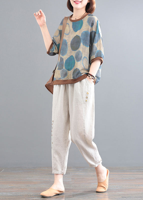 Blue O-neck Dot Print Linen Tops and Pants Two Pieces Set Summer