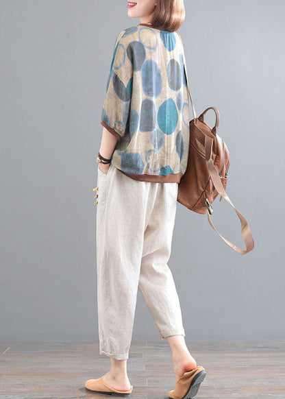 Blue O-neck Dot Print Linen Tops and Pants Two Pieces Set Summer