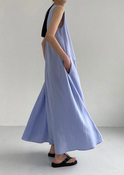 Blue O Neck Pockets Patchwork Cotton Dress Sleeveless