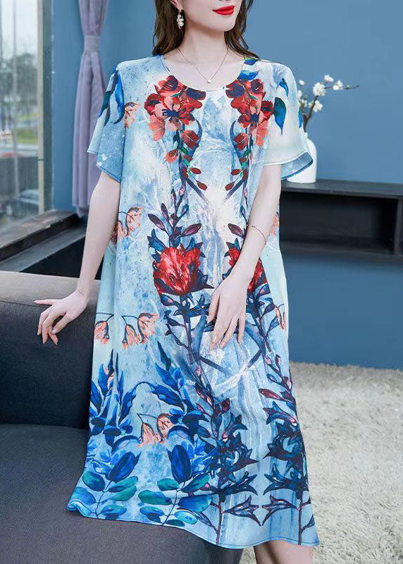 Blue O Neck Print Patchwork Chiffon Dresses Summer