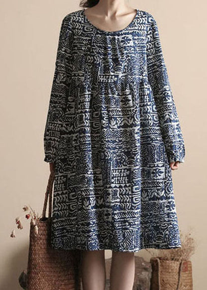 Blue O Neck Print Patchwork Linen Dress Long Sleeve