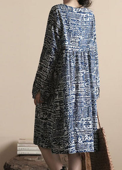 Blue O Neck Print Patchwork Linen Dress Long Sleeve