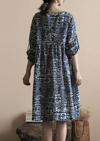 Blue O Neck Print Patchwork Linen Dress Long Sleeve