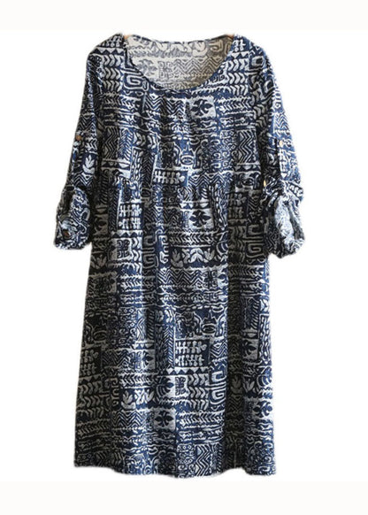 Blue O Neck Print Patchwork Linen Dress Long Sleeve