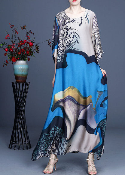 Blue O-neck Print Silk Vacation Dresses Bracelet Sleeve