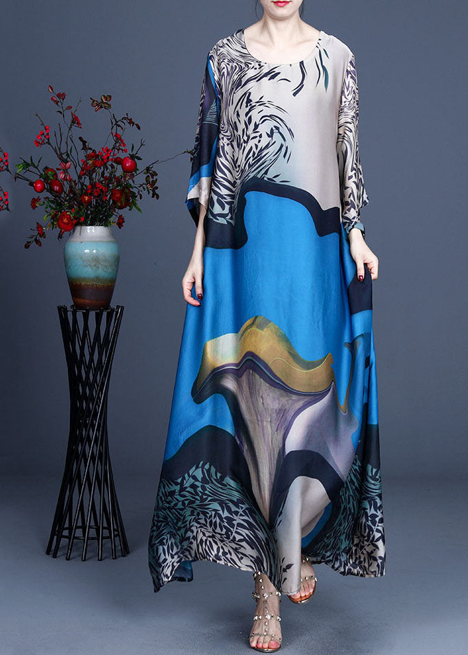 Blue O-neck Print Silk Vacation Dresses Bracelet Sleeve