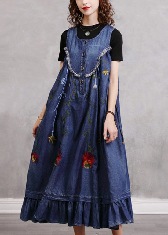 Blue O-neck Ruffled Embroideried Patchwork Cotton Denim Dress Sleeveless