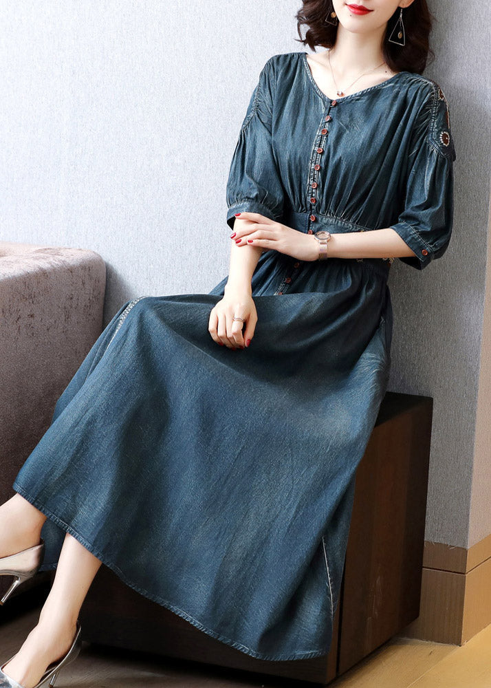 Blue O-neck Wrinkled Tunic Cotton Denim Maxi Dress Long Sleeve