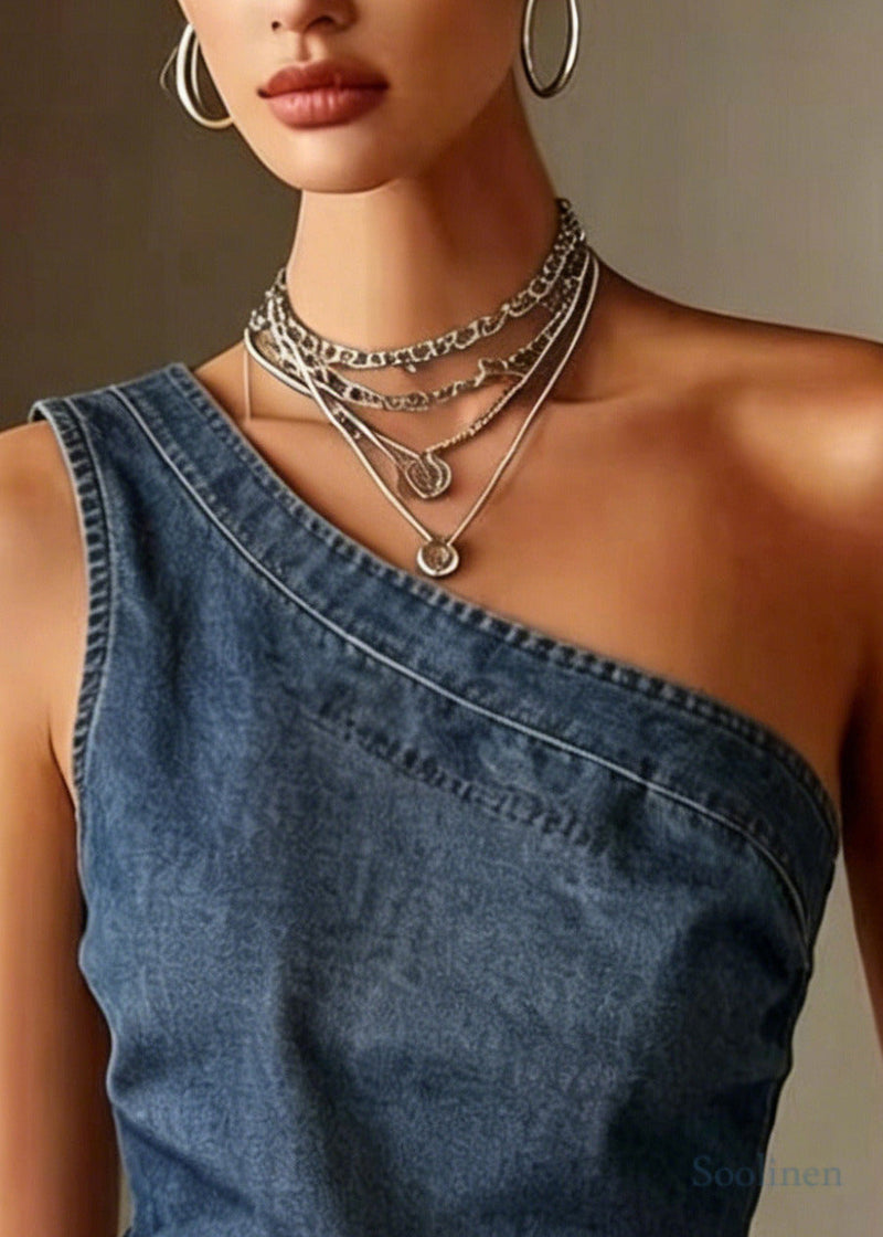 Blue One Shoulder Denim Tank Sleeveless