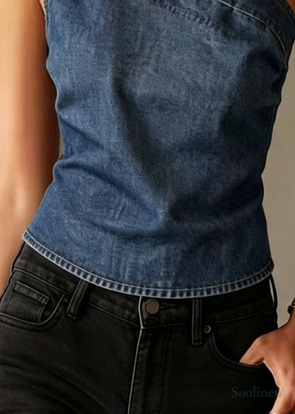 Blue One Shoulder Denim Tank Sleeveless