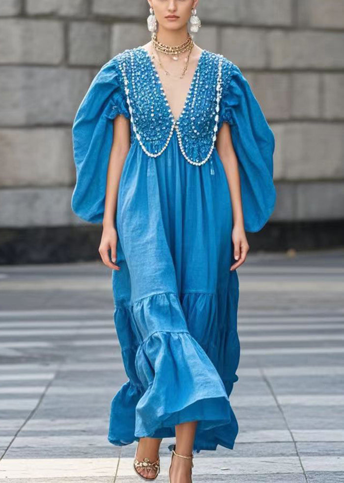 Blue Original Design Nail Bead Cotton Dress Batwing Sleeve