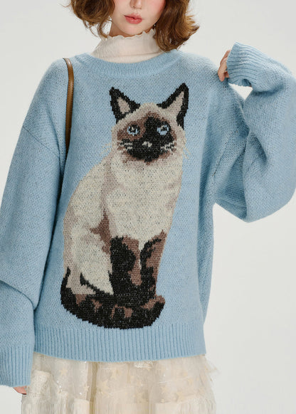 Blue Oversized Dog Jacquard Knit Sweater Tops Winter