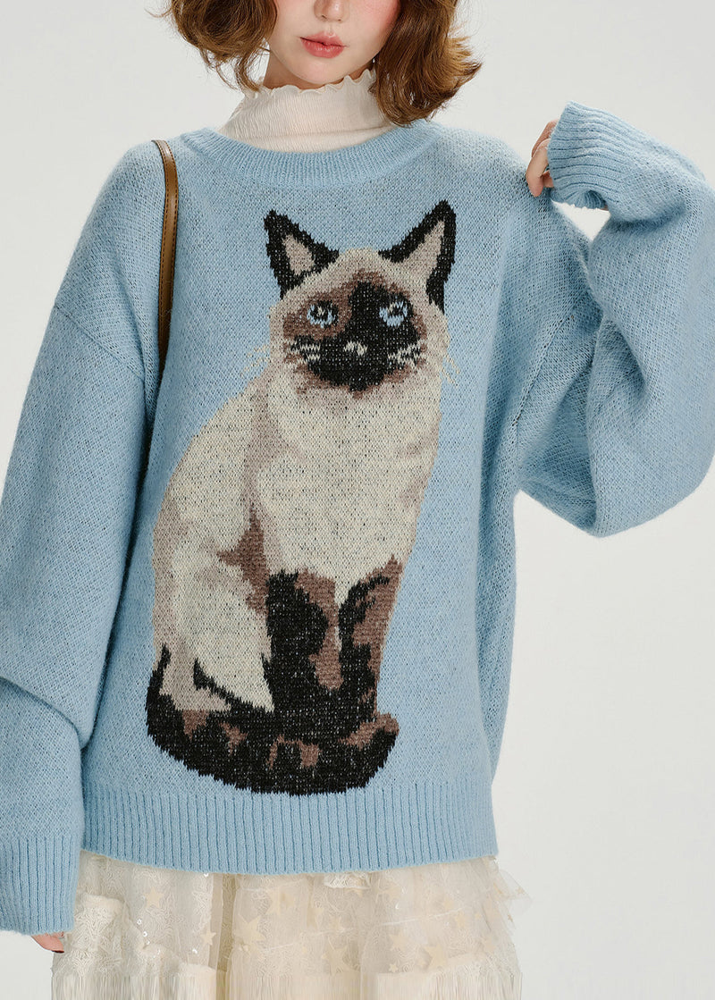 Blue Oversized Dog Jacquard Knit Sweater Tops Winter