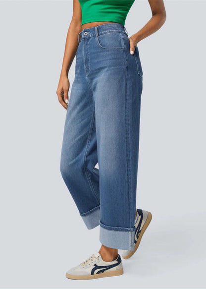 Blue Oversized Edge Curl Denim Straight Pants Summer