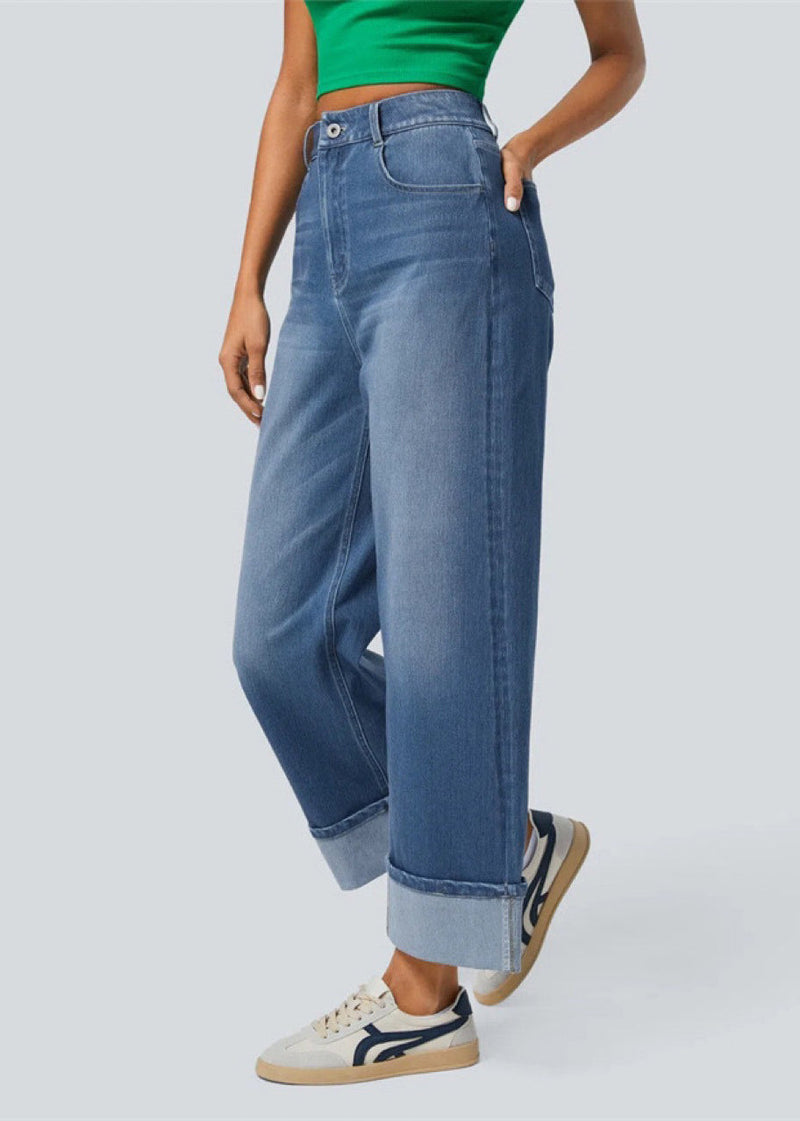 Blue Oversized Edge Curl Denim Straight Pants Summer