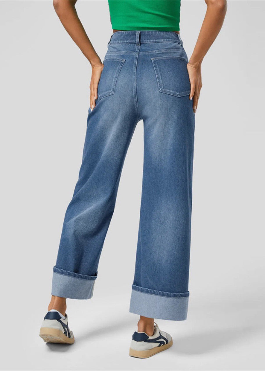 Blue Oversized Edge Curl Denim Straight Pants Summer