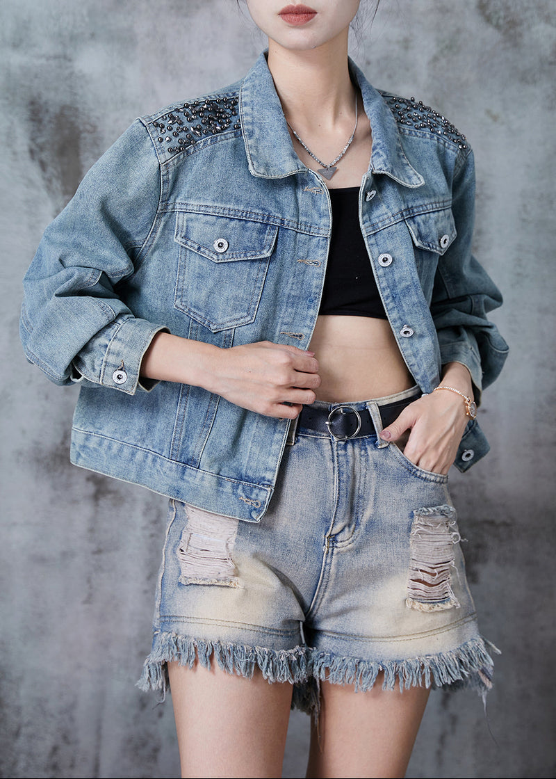 Blue Oversized Nail Bead Denim Jacket Fall