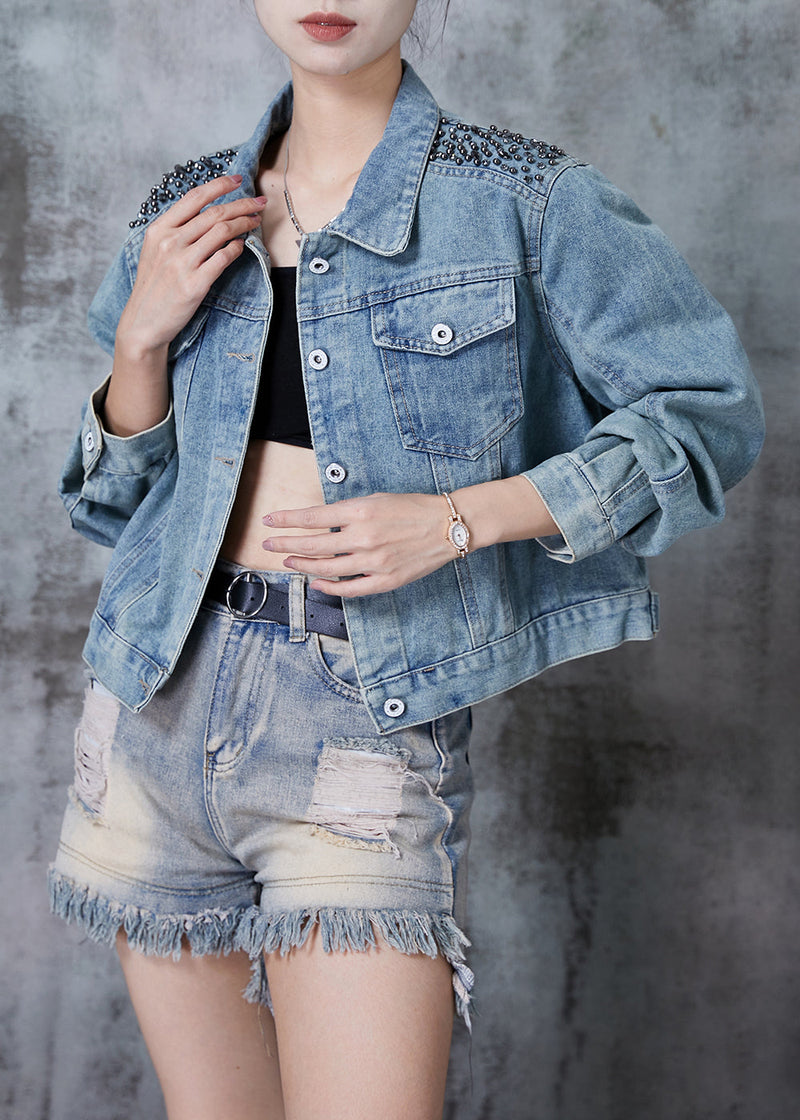 Blue Oversized Nail Bead Denim Jacket Fall