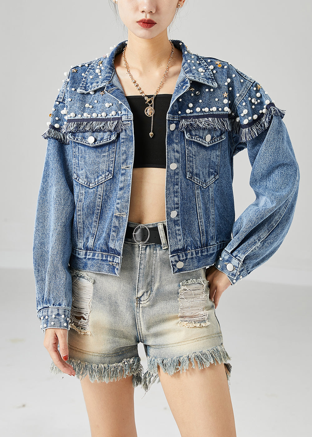 Blue Oversized Patchwork Nail Bead Denim Coats Spring