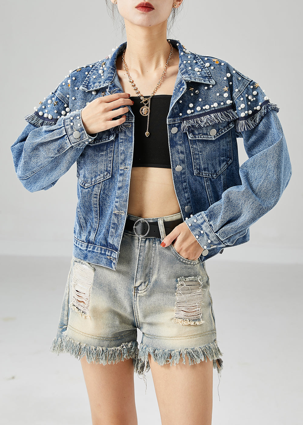 Blue Oversized Patchwork Nail Bead Denim Coats Spring