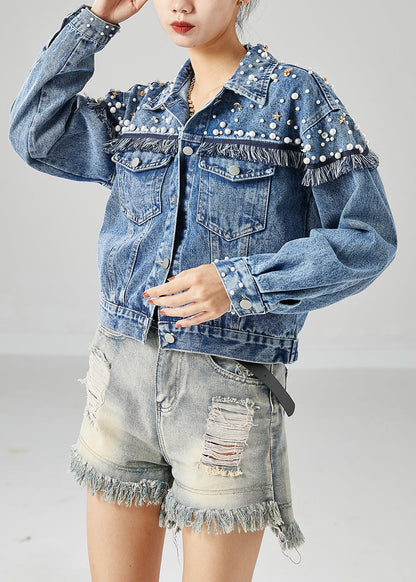 Blue Oversized Patchwork Nail Bead Denim Coats Spring
