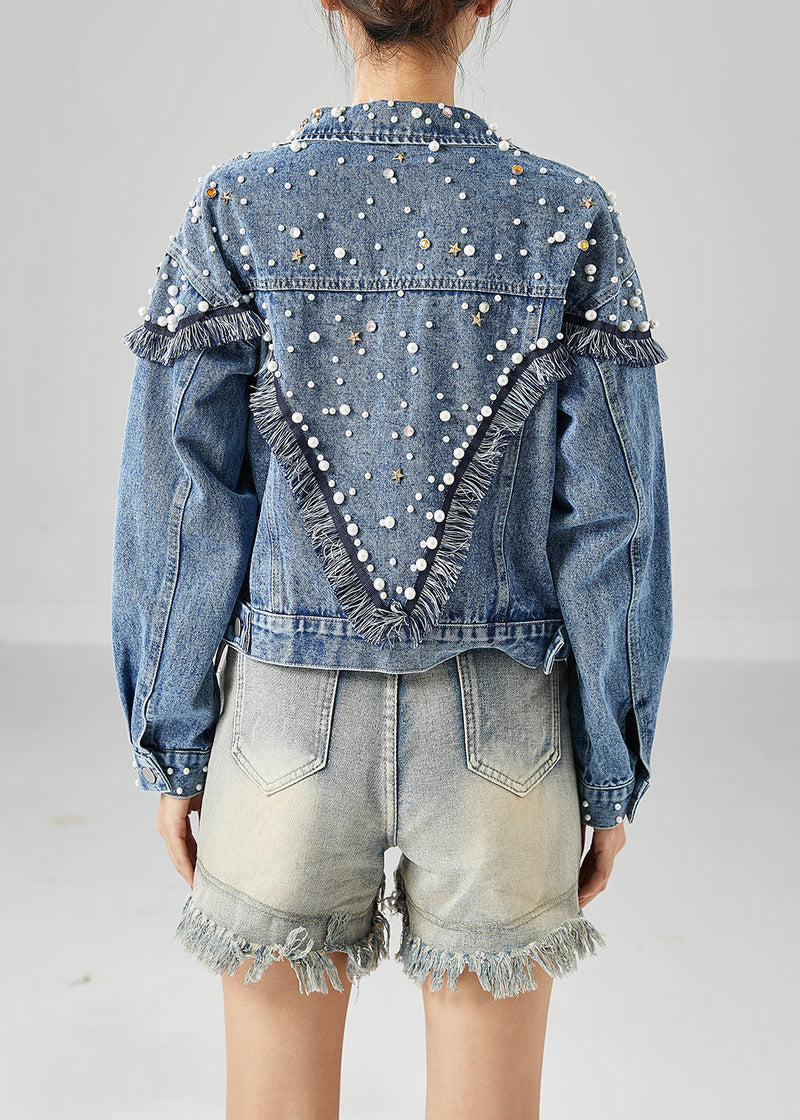 Blue Oversized Patchwork Nail Bead Denim Coats Spring