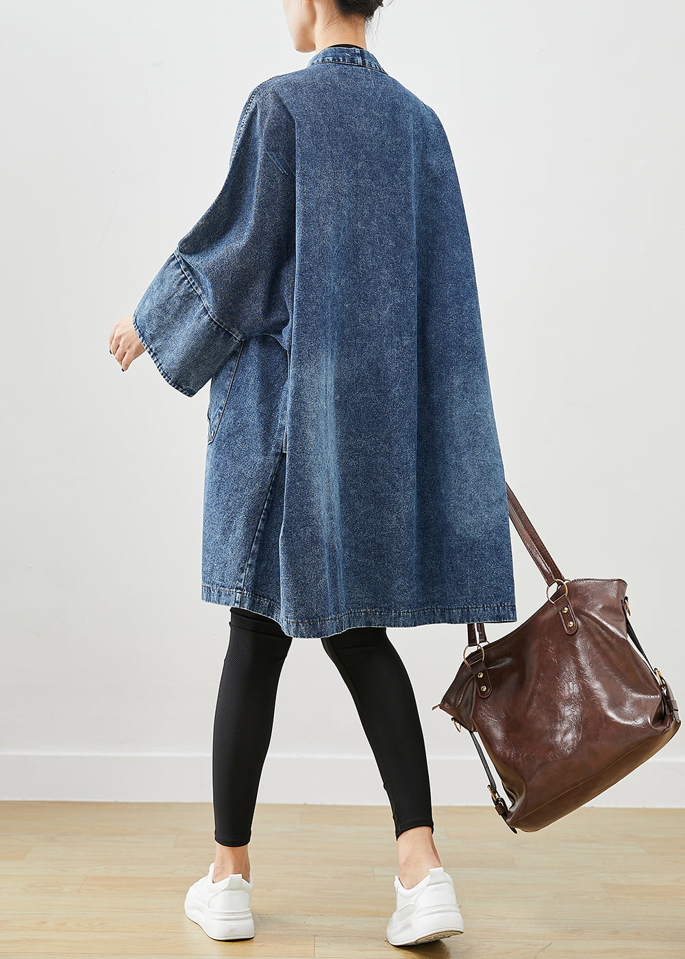 Blue Oversized Pockets Denim Trench Coats Batwing Sleeve