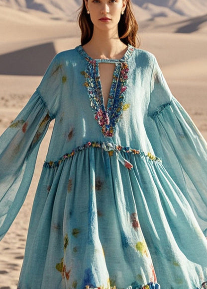 Blue Oversized Print Cotton Beach Dress Spring