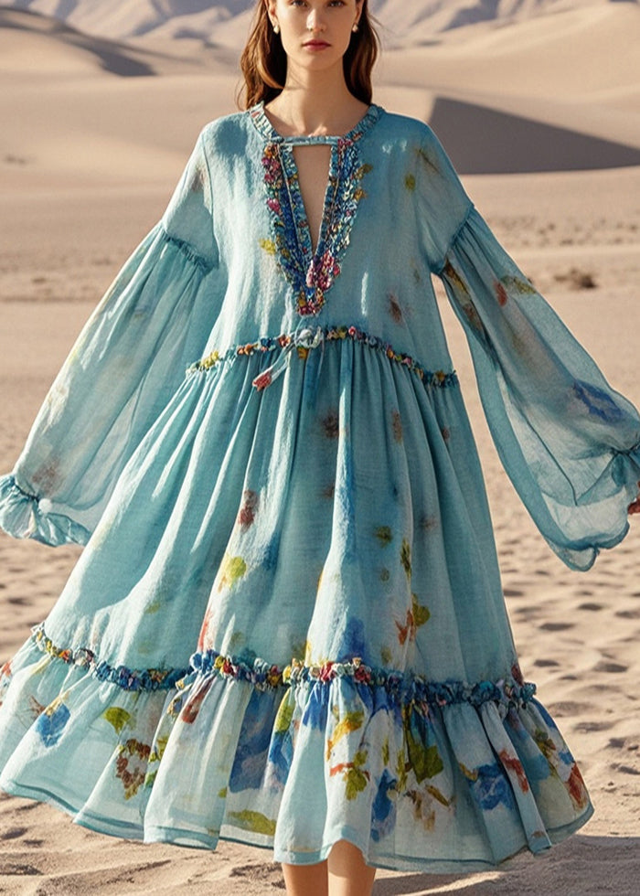 Blue Oversized Print Cotton Beach Dress Spring