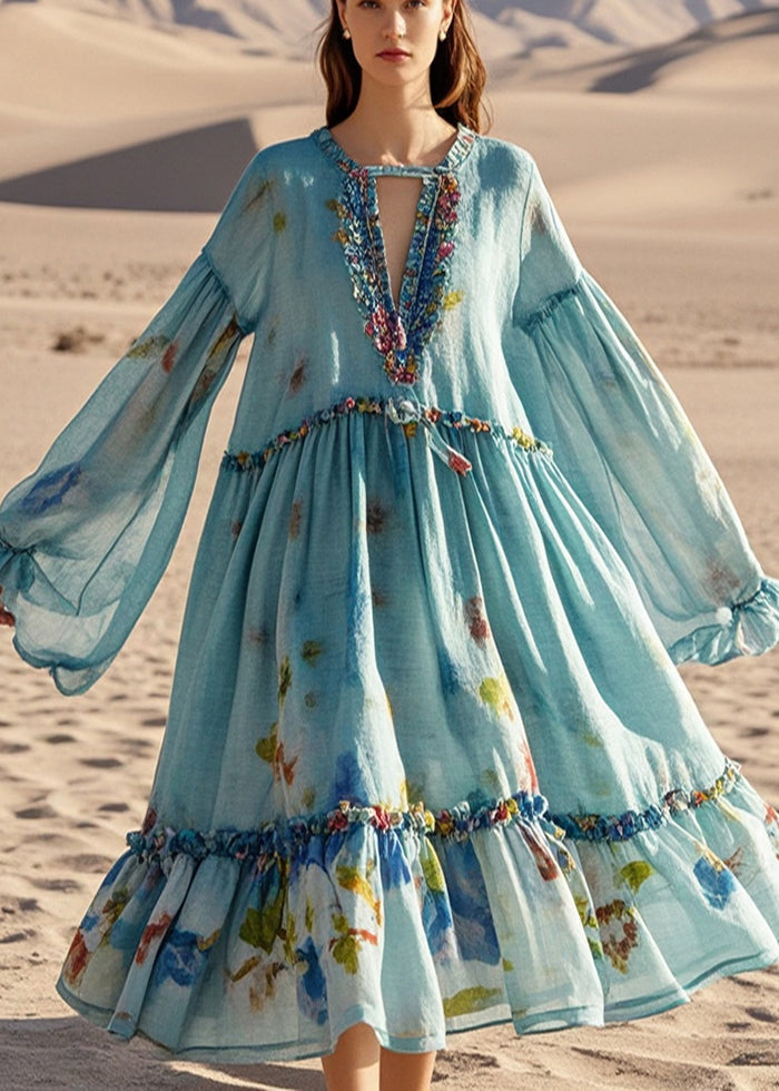 Blue Oversized Print Cotton Beach Dress Spring