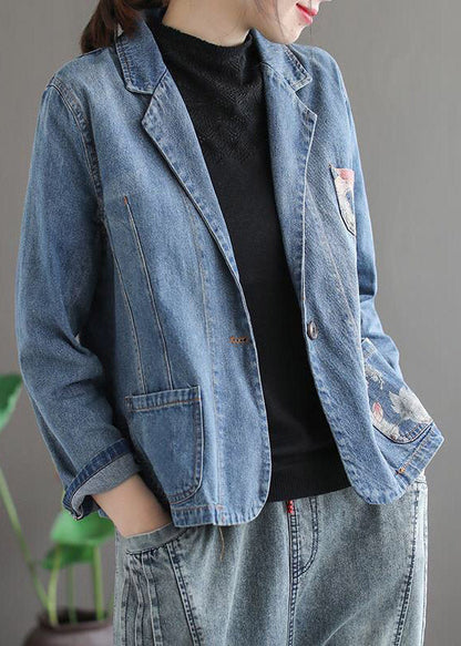 Blue Peter Pan Collar Print Button Denim Coats Spring