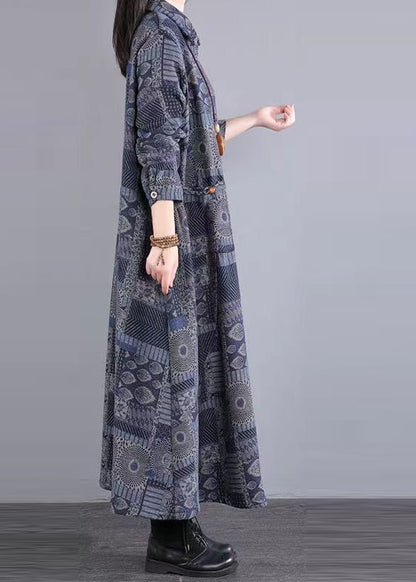 Blue Peter Pan Collar Print Patchwork Warm Fleece Dress Fall
