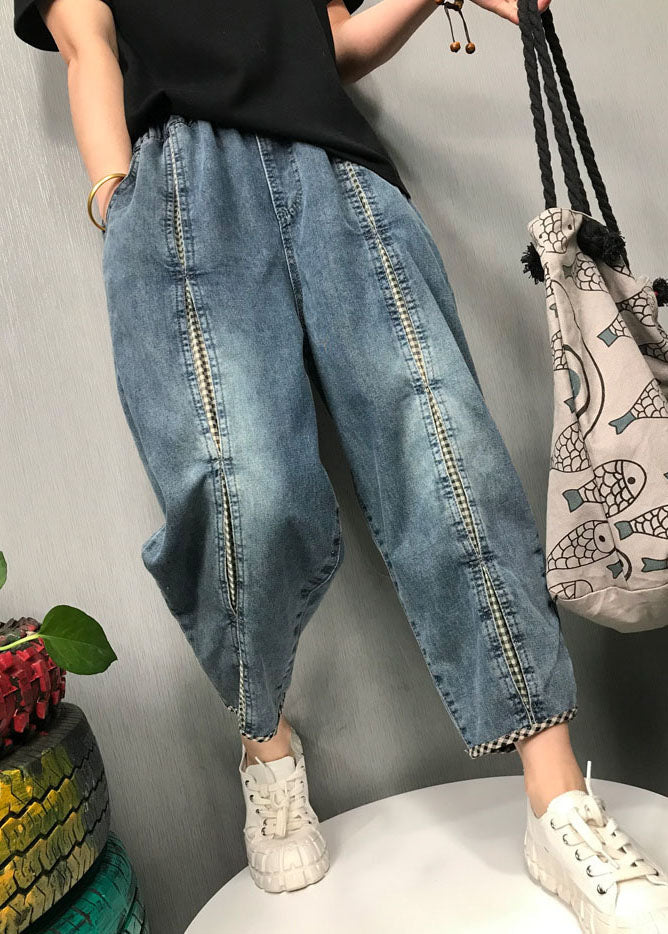 Blue Plaid Patchwork Denim Pants Spring