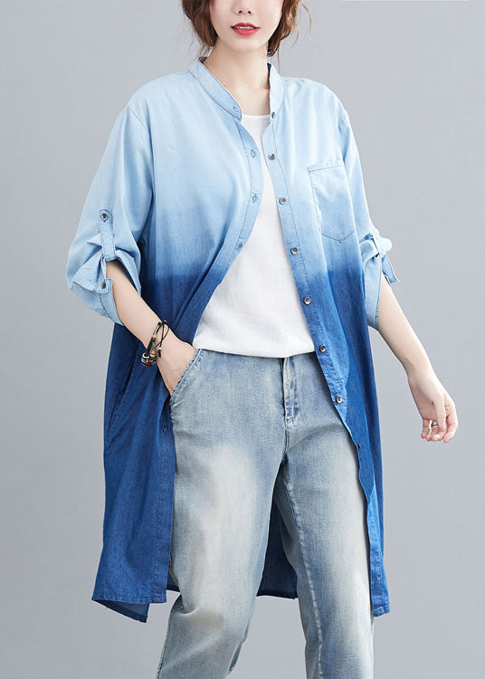 Blue Pockets Button Gradient Color Fall Denim Trench Long Sleeve