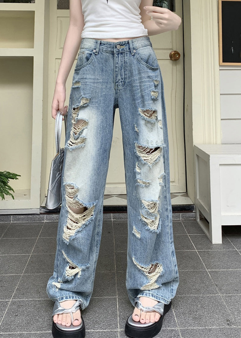 Blue Pockets Patchwork Hole Denim Pants Fall