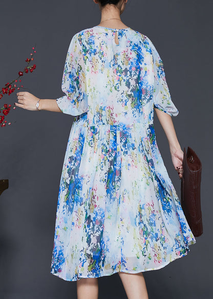 Blue Print Chiffon Mid Dress Lantern Sleeve